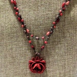 Brass Tone Coral Colored Beaded Multi Strand Rose Necklace